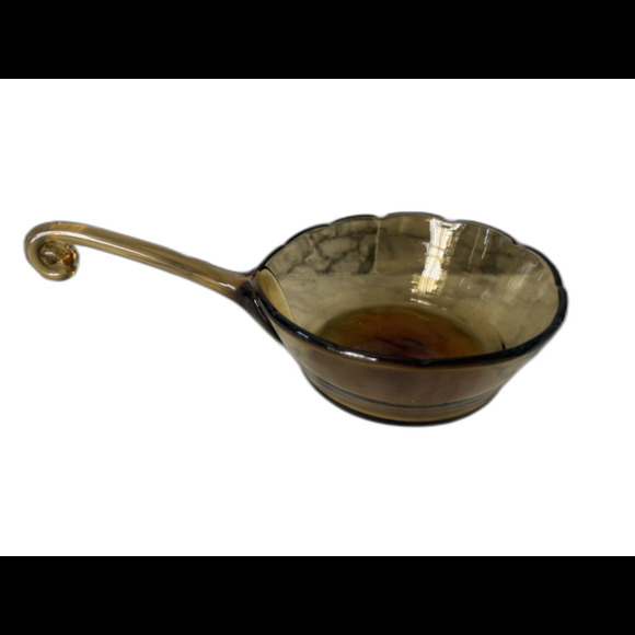 Vintage Scalloped Amber Art Glass Bowl Applied Curled Handle Hand Blown - Picture 3 of 6